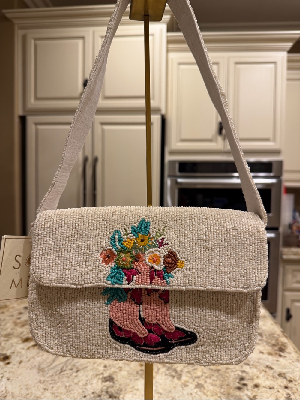 Sol and Mer Beaded Floral Cowboy Boot Shoulder Bag in Ivory